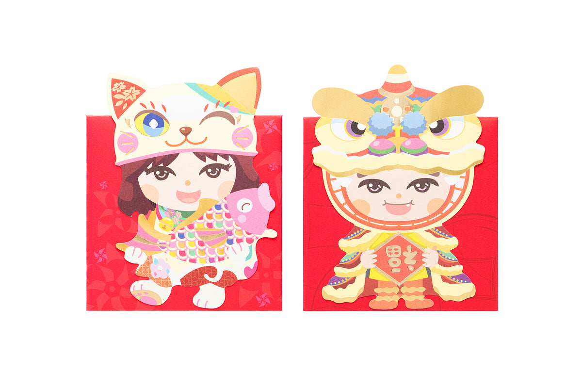 Cartoon Dragon Dance/ Lucky Cat Red Packet (Pack of 6) 舞獅仔招福妹利是封 (六個裝 ...
